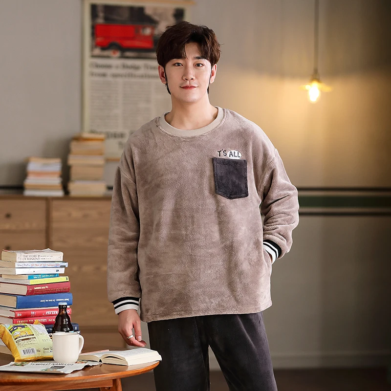 Зимняя Коралловая Флисовая теплая одежда для сна молодых мужчин утепленная