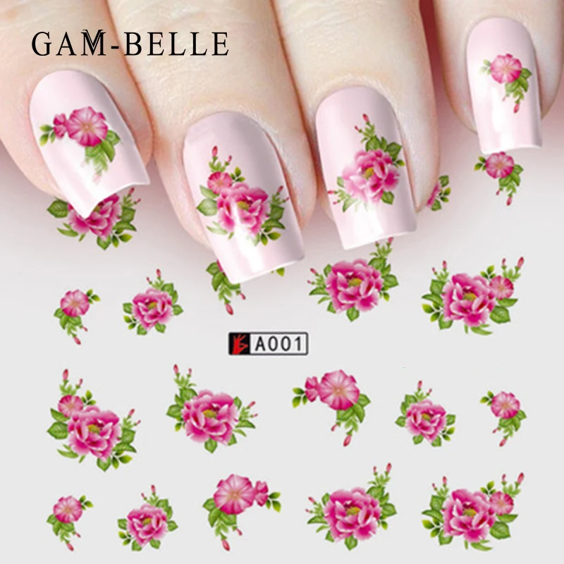 

GAM-BELLE 1 Sheet DIY Flower Slider Water Transfer Sticker Nail Art Pink Rose Flower Decals Women Beauty Makeup Wraps Nail Decor