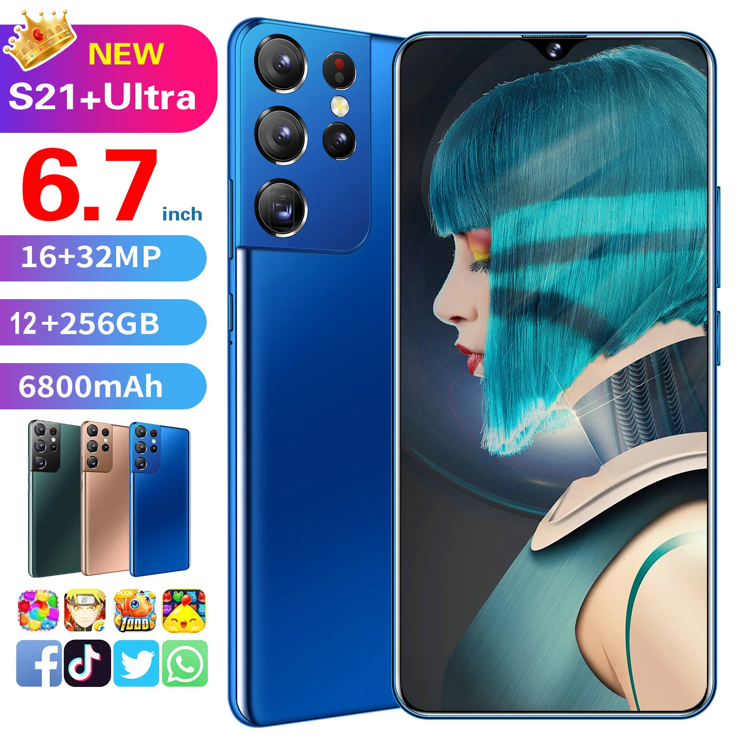 

S21+Ultra 6.7 Inch HD Full Screen 12GB+256GB 16+32MP Cellphones MTK6889 10 Core 6800mAh Face Unlock Dual Sim+SD Mobile Phone