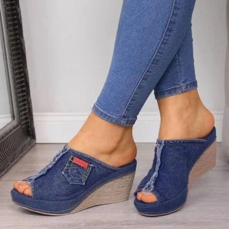 

New Brand Hot Women's High Heels Fashion Denim Slippers Women Wedge Heel Toe Platform Shoes Large Size 35-43