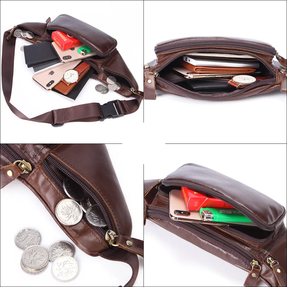 

hot sale genuine leather waist bag men travel waist pack hip belt bag phone pouch bag casual chest messenger bag male fanny pack