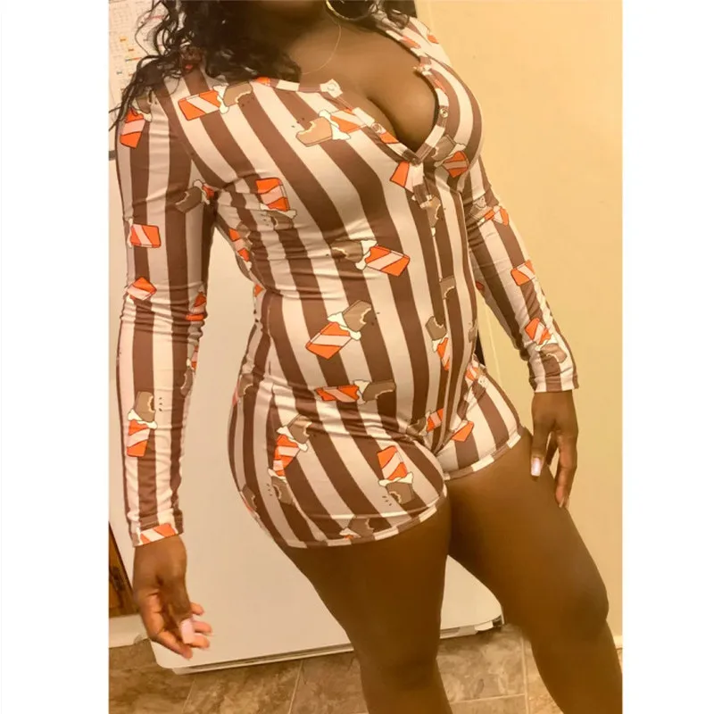 

Brand Sexy Womens Bodysuit Overalls Sleepwear Deep V-Neck Long Sleeve Slim Shorts Pants Lady Leotard Fashion Nightwear Homewear