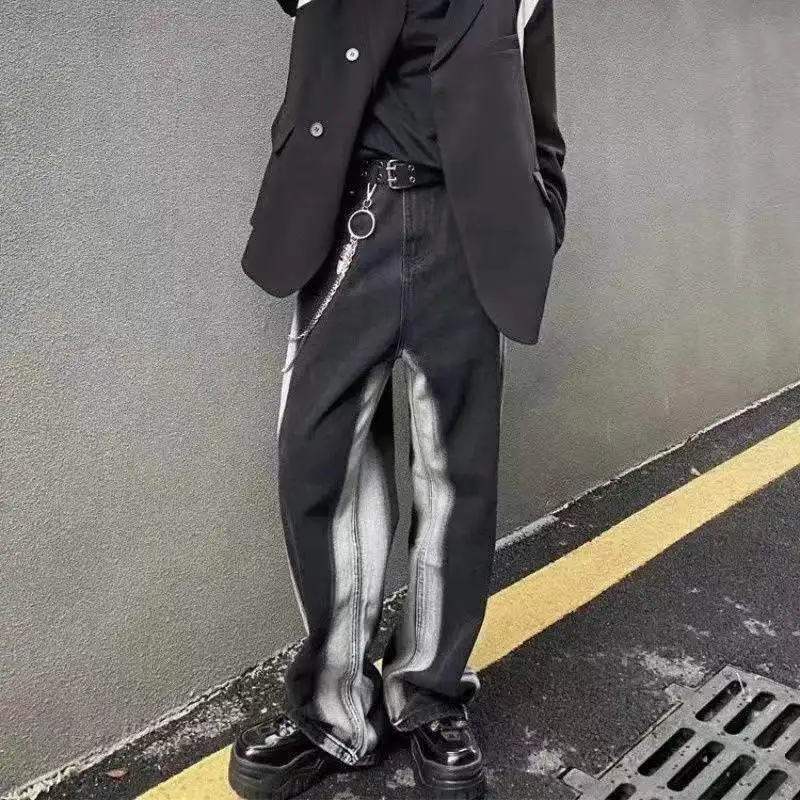 

Мужские прямые брюки с завышенной талией, черные свободные джинсы в полоску с принтом, уличная одежда, брюки с широкими штанинами, 2022