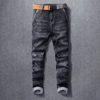 american street style fashion men jeans retro black gray elastic spliced designer slim jeans men big pocket hip hop denim pants