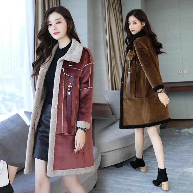 

Women suede fur winter jacket 2019 winter Fashion stand collar snap-fastener Imitation lambs wool coat women's warm windbreaker
