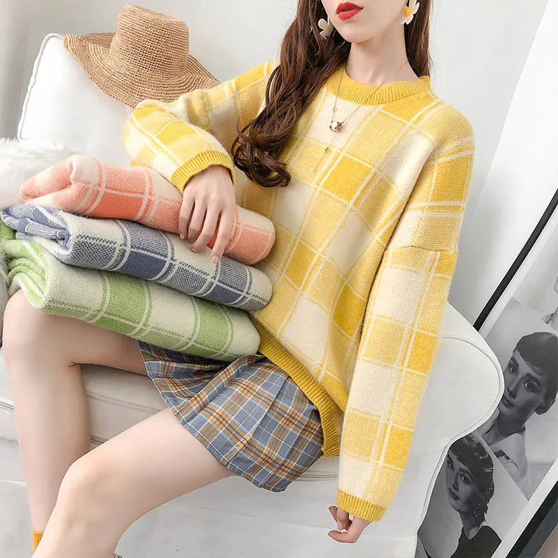 Женский клетчатый пуловер свитер для студенток Осень-зима 2020 новые свободные