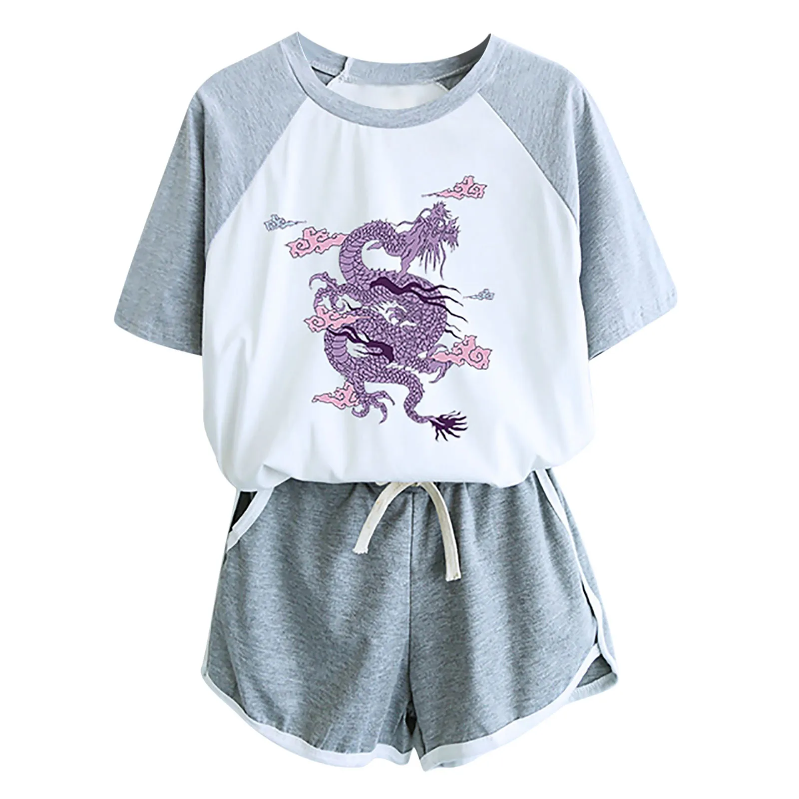 

ISHOWTIENDA Women Two Piece Drop Sleeves Set Short Sleeve O-neck Paneled T Shirt Shorts 2021 Women Set