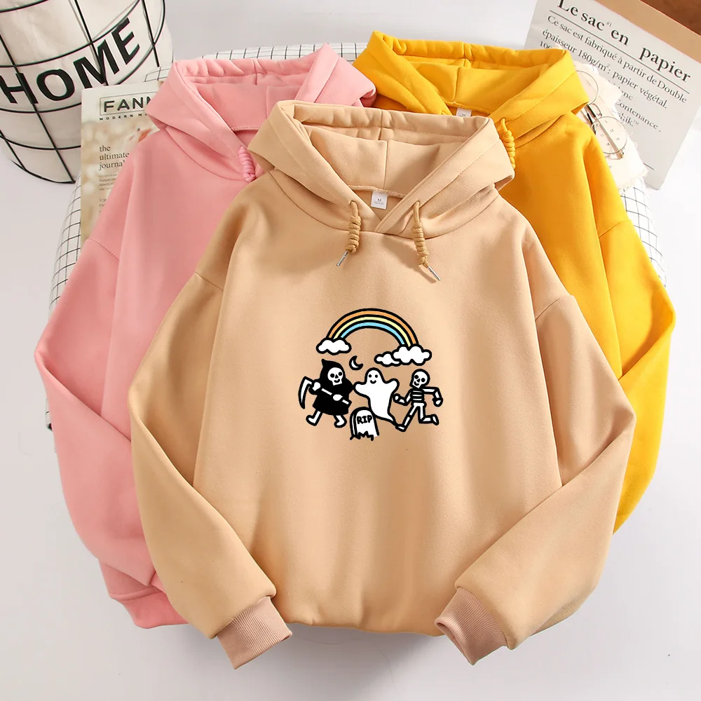 Harajuku Rainbow Hoodie Skull Print Clothing Oversized Sweatshirt Casual Pullover Winter Woman Hoodies Cute Sweetshirt for Girls