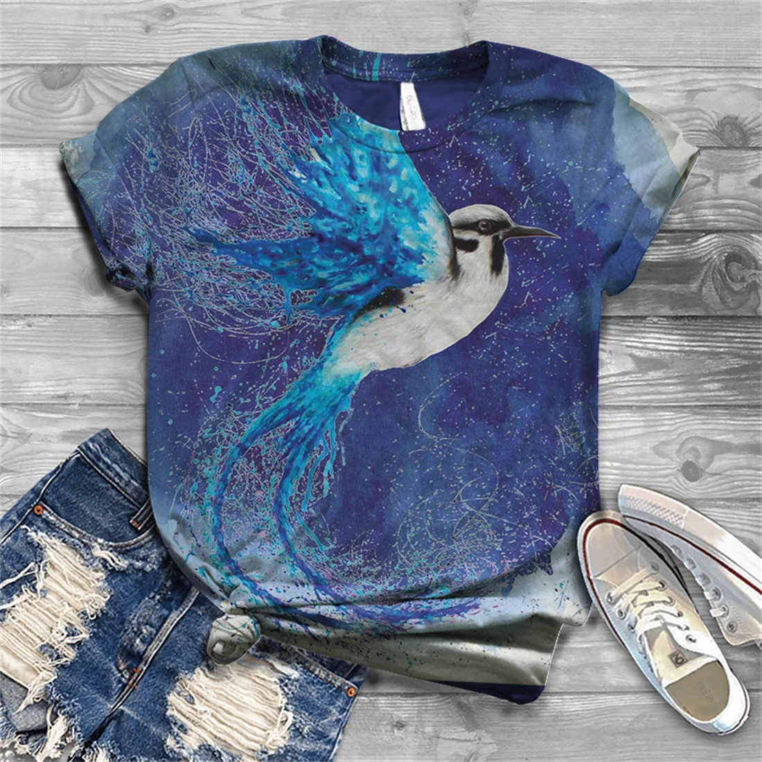 Women's shirt fashion and comfortable cute bird print short-sleeved round neck T-shirt casual street custom plus size top