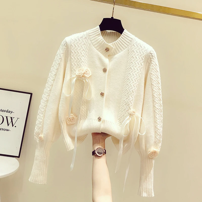 

Three-Dimensional Flower Outer Wear Loose Knitted Cardigan Coat Female Sweaters 2021 Autumn Winter New Lantern Sleeve Sweater