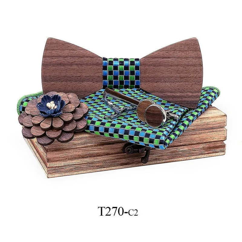 

Wooden Bow Tie Set Lavalier Cufflinks Wedding Bow Tie Pocket Square Scarf Set with Wooden Box Collared Shirt
