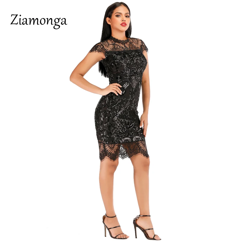 Женское кружевное платье с цветочной вышивкой Ziamonga черное облегающее блестками