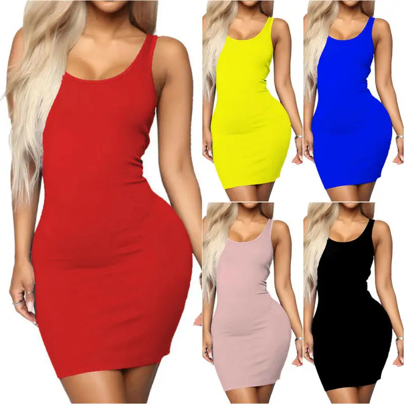 

Women Vest Dress Round Neck Sleeveless Sexy Bodycon Slim Short Dresses Solid Color Fashion Ladies Summer 2021 Sheath Sundress