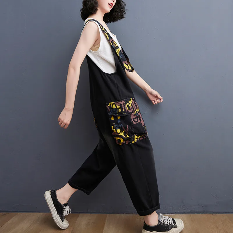 #2387 Black White Rompers Womens Jumpsuit Ankle-length Loose Spliced Color Denim Overalls For Women Harem |