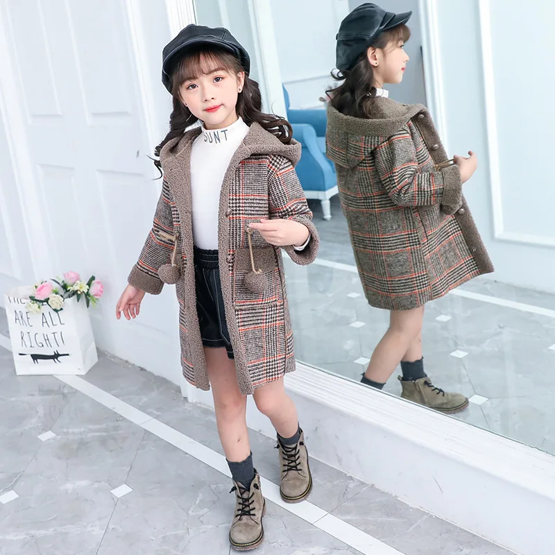 Girls Thick Woolen Jacket Kids Warm Jackets for Winter Plaid Hooded Coat Parkas Outerwear Children Girl Overcoat | Детская одежда и