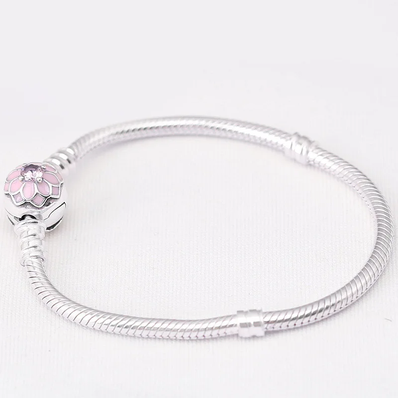 

925 Sterling Silver Bracelet Pink Blooming Dahlia Clasp Snake Chain Basic pan Bracelets Fit Women Bead Charm DIY Jewelry