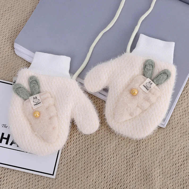 

5-10 Year Old Child Student Knitted Wool Gloves Cartoon Rabbit Carrot Pearl Full Finger Mittens Plus Velvet Hanging Neck Gloves