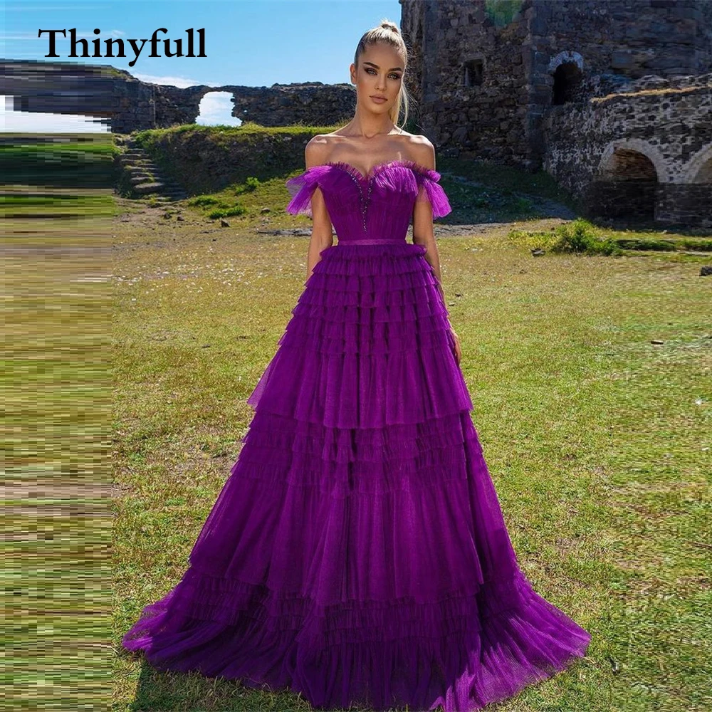 

Thinyfull Dark Purple Boho Evening Dresses Beach Off The Shoulder A-Line Prom Gowns Sleeveless Party Night Vestidos Dress