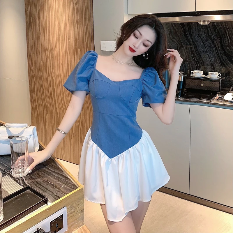 

Elegant Woman Party Short Mini Dress Summer Puff Sleeve A-line High Waist Korean Dress YOU450