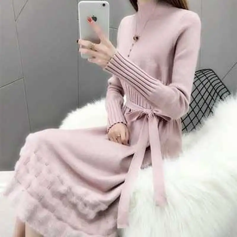 Осень зима 2019 женское элегантное однотонное платье свитер толстое с длинным
