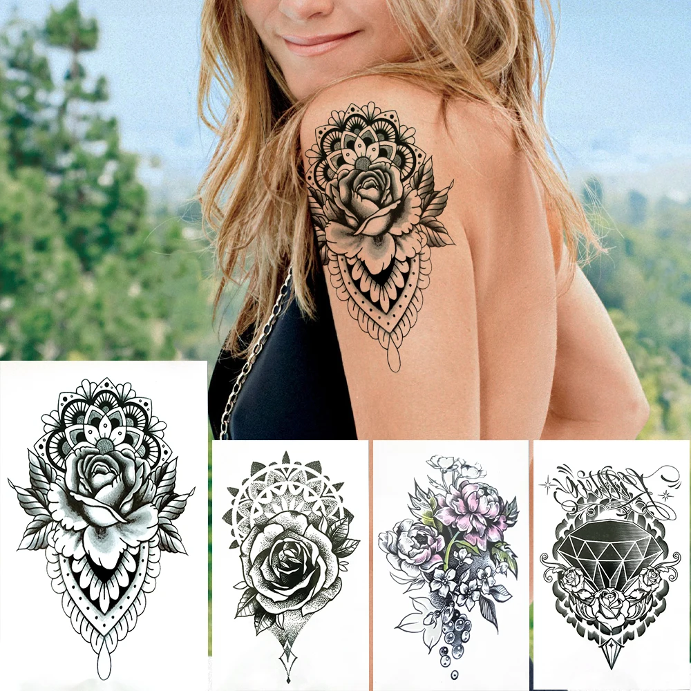 

Fake Flower Temporary Tattoos Sticker For Women Girls Black Henna Rose Lotus Tattoos Water Transfer Body Art Arm Tatoos Paste