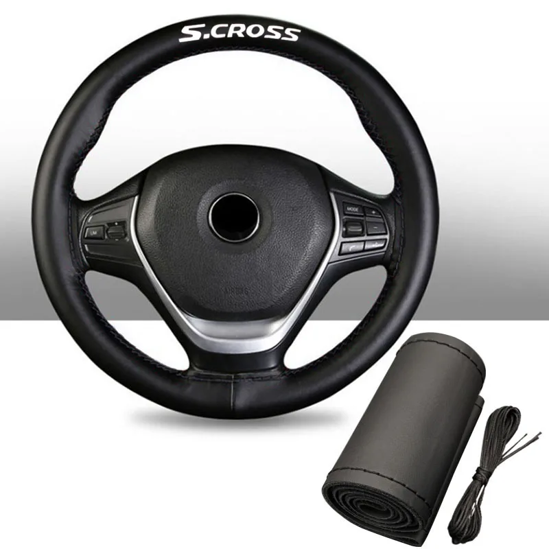 

15 Inch 100% Cowhide Braid with Needles Thread Genuine Leather Car Steering Wheel Cover Soft Anti Slip for Suzuki Scross