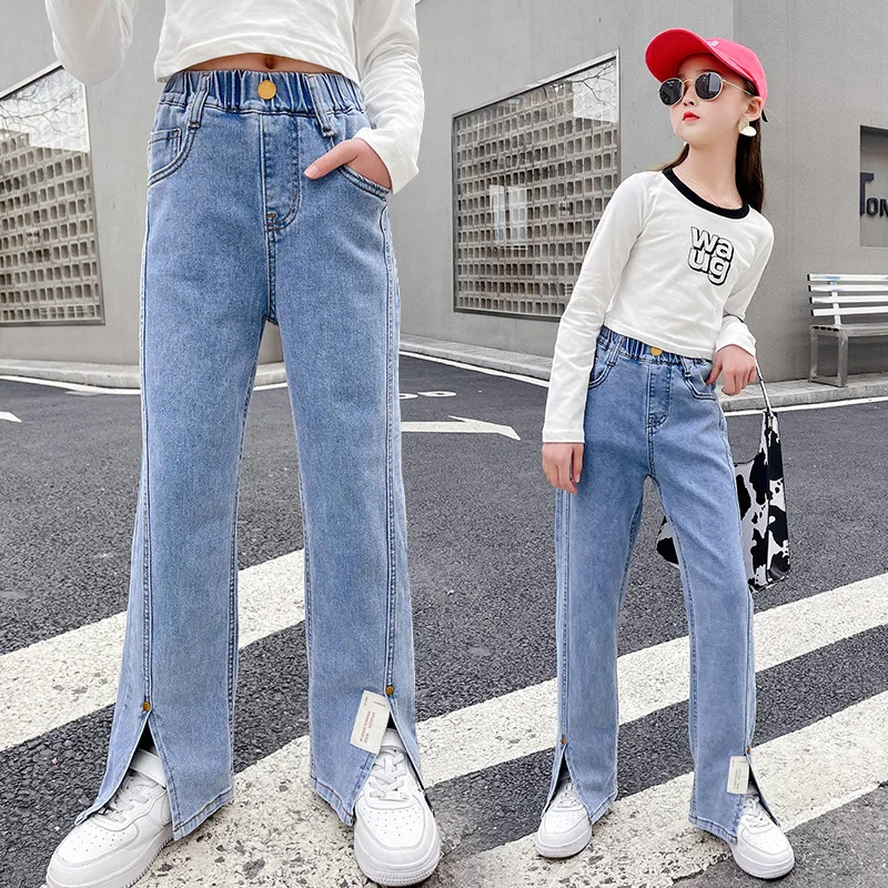 

Spring Autumn Girls Jeans Split Front Open Fall Clothes High Waist Denim Pants Capris Kids Trousers Korean 4 To 16y