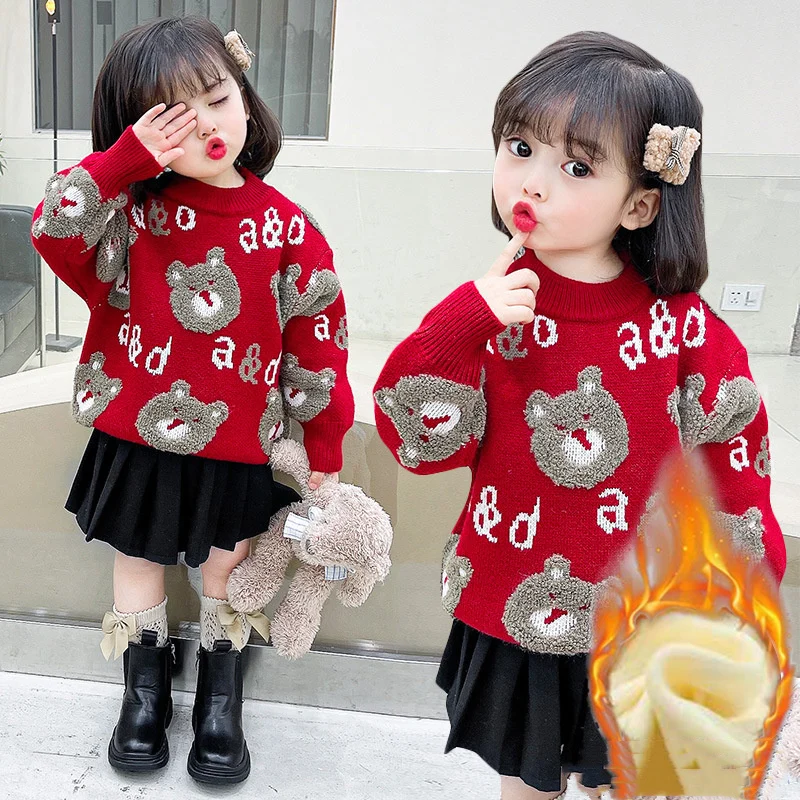 

Girls Boys Sweater Kids Coat Outwear 2022 Cartoon Plus Velvet Thicken Warm Winter Autumn Knitting Wool Cotton Formal Bottoming C