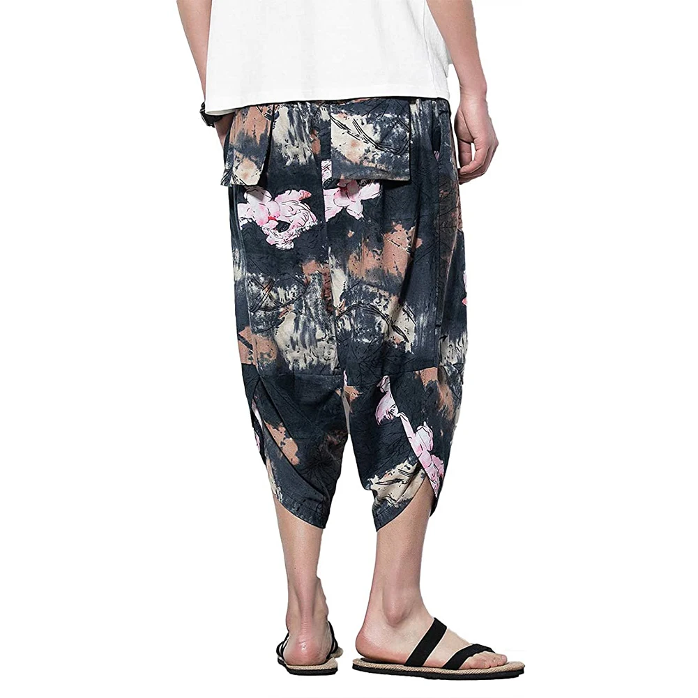 

New Men Harem Pants Capri Cropped Wide Leg Casual Summer Linen Trousers Lotus Print Personality Pants Cotton Linen Breathable