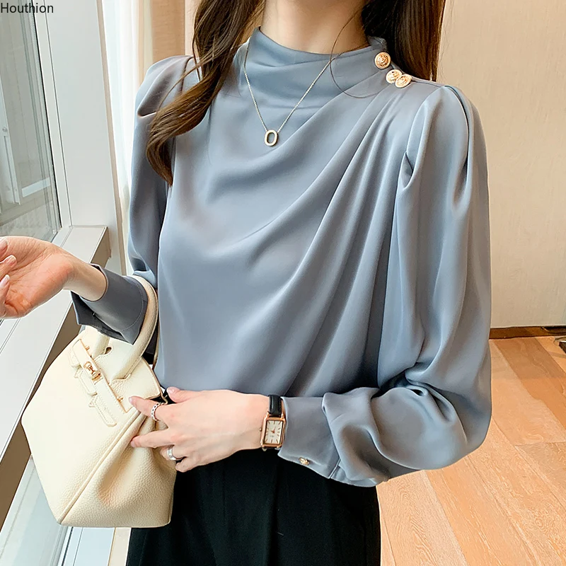 

Summer Autumn New Women's Blouse O Collar Shirt Long Sleeve Splicing Solid Color Chiffon Casual Fashion Loose Houthion