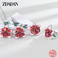 zdadan 925 sterling silver floral ruby ring earrings necklace set for women wedding jewelry fashion glamour gift