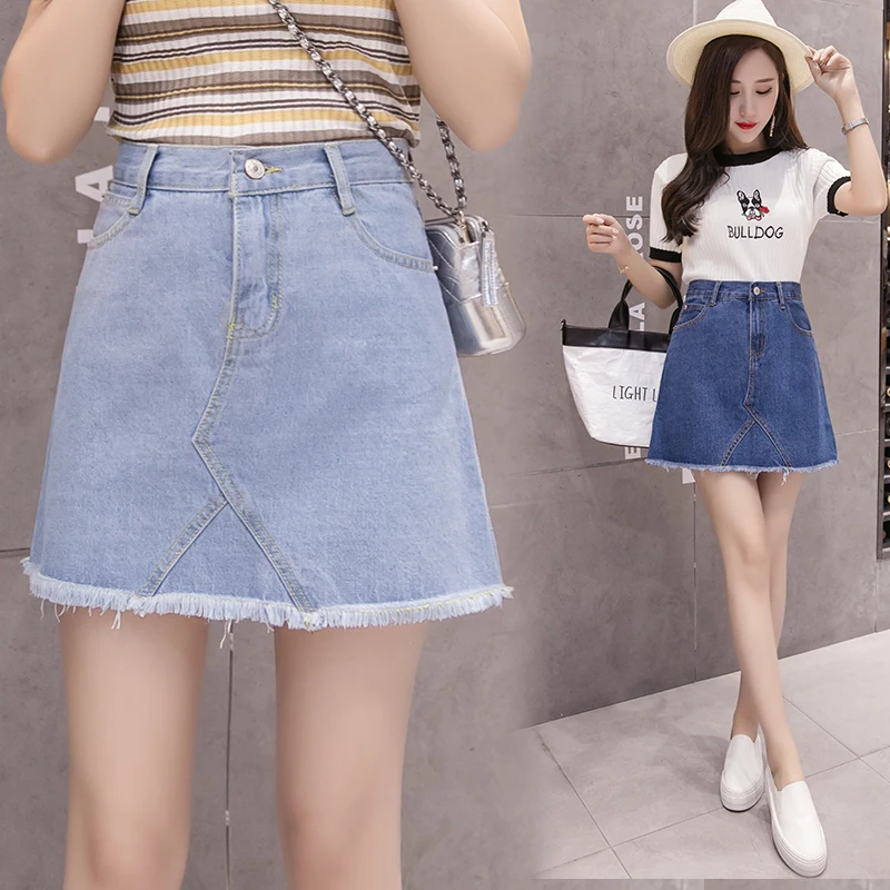 

Юбка женская трапециевидная из денима, модная короткая джинсовая мини-юбка с бахромой и высокой талией, в Корейском стиле, большие размеры ...