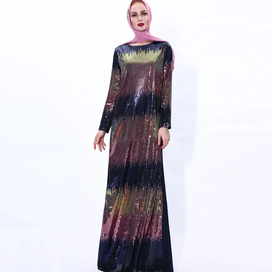 Новинка 2021, мусульманское платье с градиентными блестками, мусульманское женское платье Рамадан, модное темпераментное платье, мусульманс...