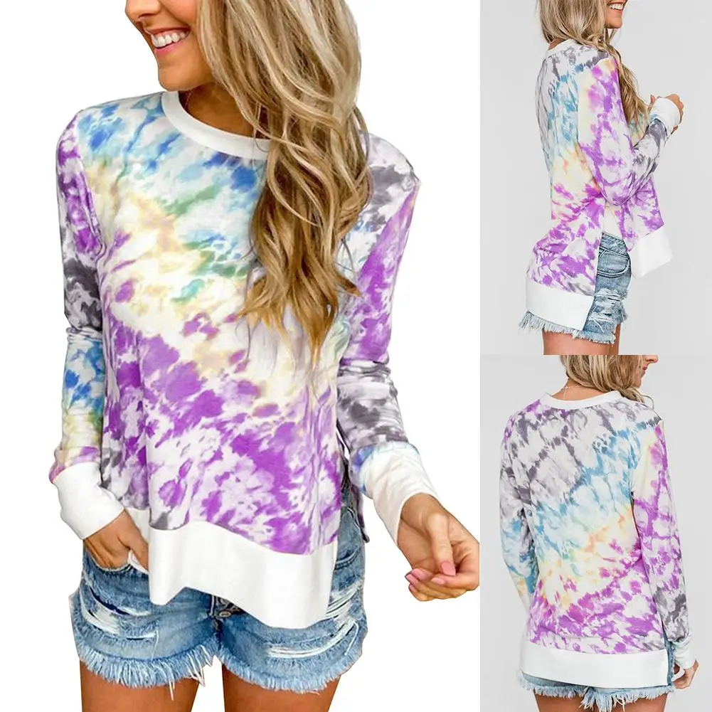 

Autumn Women Casual Long Sleeve Tie Dye Slitting Irregular Hem Sports Blouse Sweatshirt