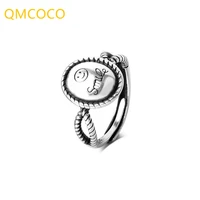 qmcoco punk hip hop silver color fashion vintage smile face rings open adjustable finger rings for women party fine jewelry