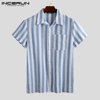incerun fashion casual shirt men striped short sleeve lapel breathable chic blouse camisa masculina brand shirts men s 5xl 2021