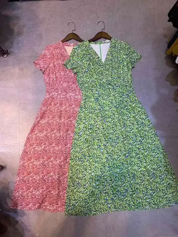 

Dress Plus Size 2021 Summer Fashionable Women V-Neck Pink Green Flower Print Short Sleeve Mid-Calf Length Dress Vestidos Fiesta