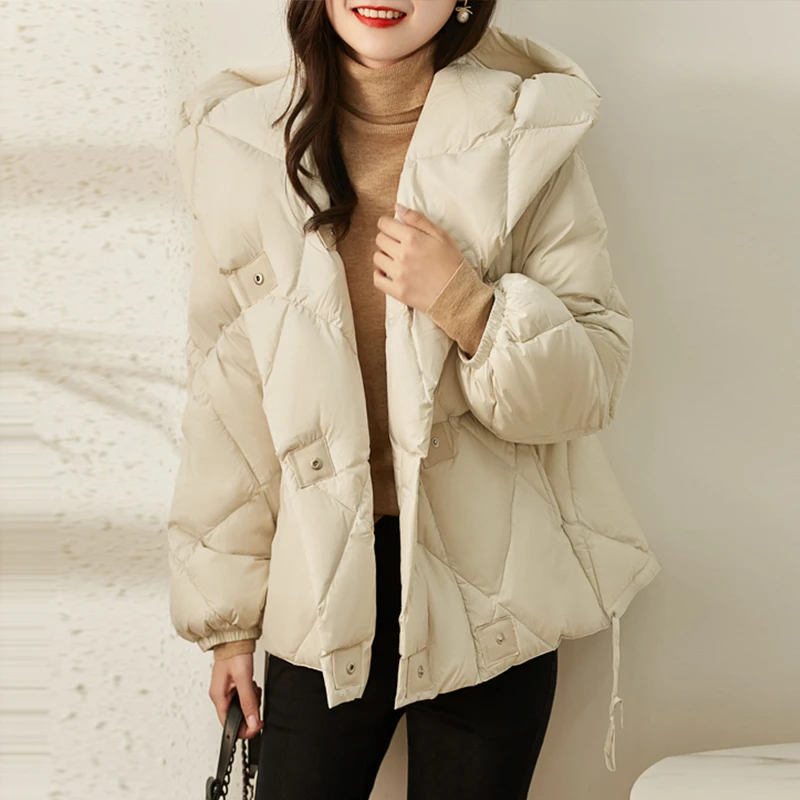 

Winter Women Irregular Drawcord Hem Down Coat One Button Outwear Hooded High-quality Puffer Light Feather Short Jacket