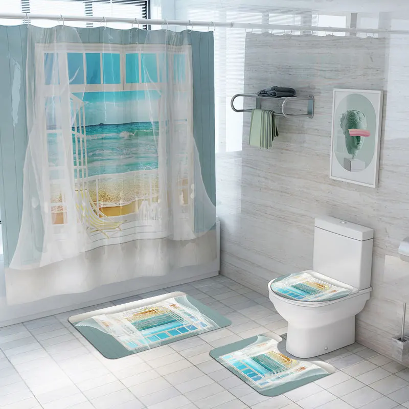 

Printing Beach Creative Shower Curtain Waterproof Bathroom Curtains Three Mats Set For Washroom New Design