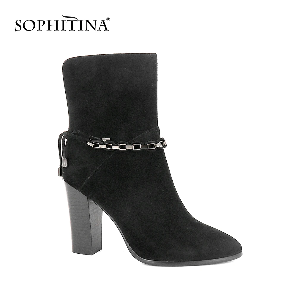 SOPHITINA/модные женские ботинки с цепочкой удобные замшевые на высоком квадратном