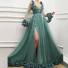Женское вечернее платье с разрезом, длинное зеленое платье с глубоким V-образным вырезом и длинными рукавами, сексуальное платье для выпускного вечера