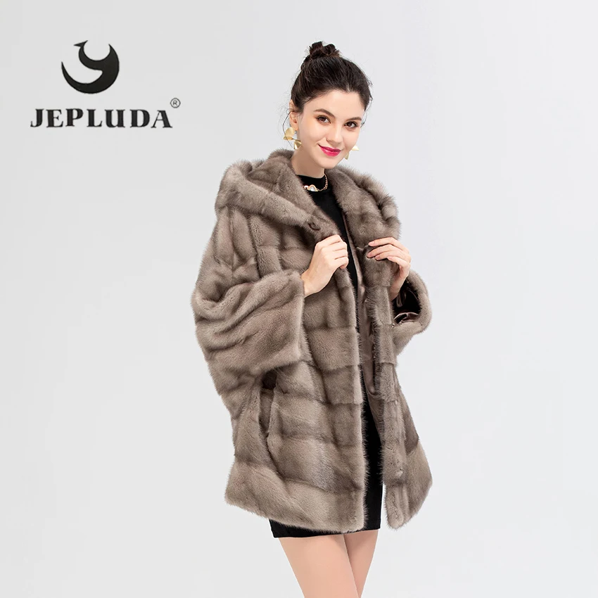 

JEPLUDA New Loose Bat Style Real Mink Fur Coat Women Plus Size with Hooded Warm Soft Winter Mink Fur Jacket Women Real Fur Coat