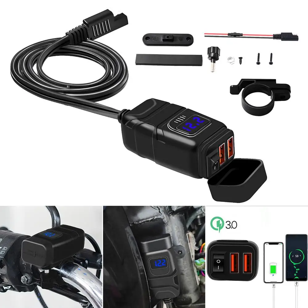 Мотоциклетное быстрое зарядное устройство 12В SAE к USB адаптеру с вольтметром на