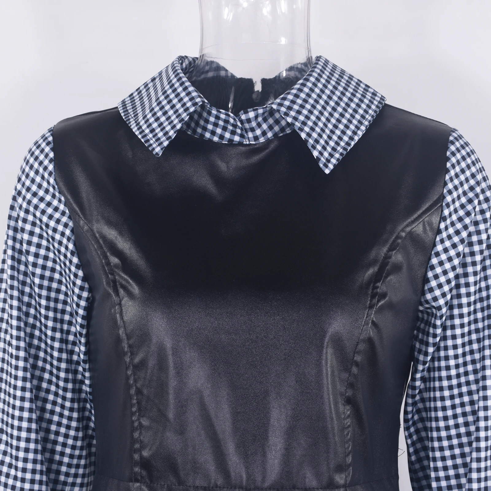 

Casual Long Sleeve Mini Shirt Dress For Women White 2021 Spring PU Leather Patchwork Plaid Woman Dresses Clothing Femme Robe