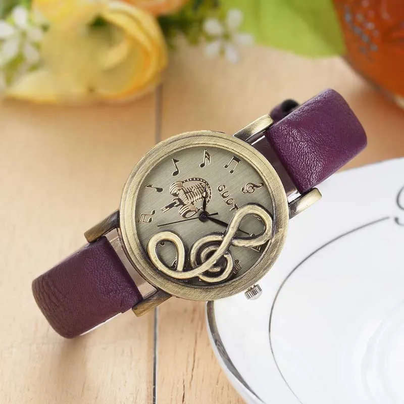 

Fashion Women Watches Elegant Musical Note Carving Decorate Leather Strap Wristwatch Ladies Casual Quartz Watch For Gift NIN668