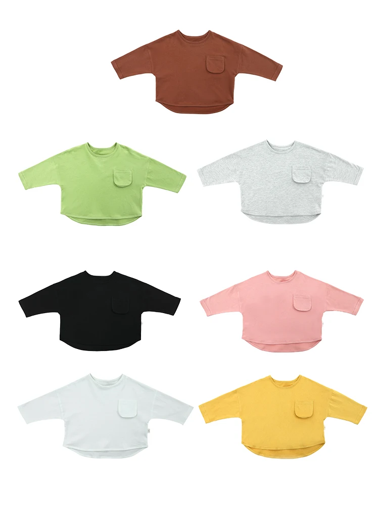 

Girls Spring Clothes Solid Color Small Pocket Casual T-shirt Long-sleeved 2021 New All-match Simple Bottoming Top