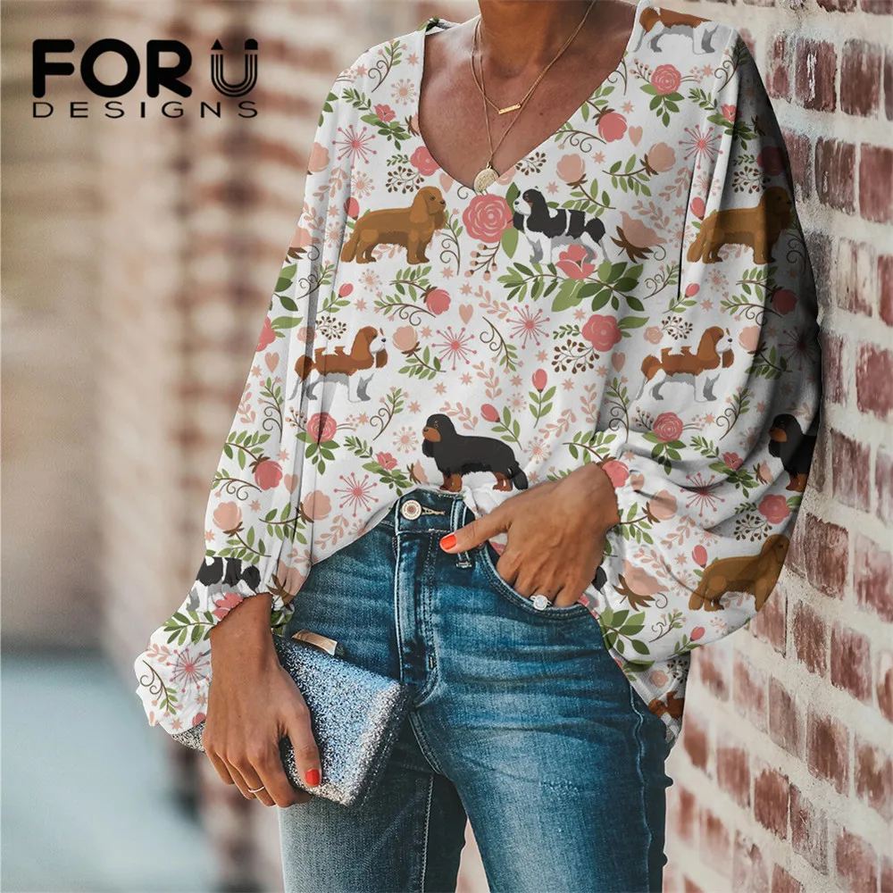 

FORUDESIGNS Women's Blouses With Long Sleeves Floral Cavalier King Charles Spaniel Print Sexy V-neck Blouses for Women Top Femme