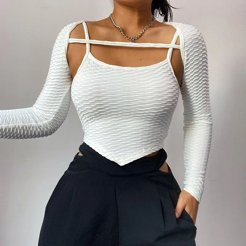 

Two-piece Female Jacquard Bubble Top Cloth Vest +Long Sleeve Jacket Matching Set White Suit Fashion Women Tops