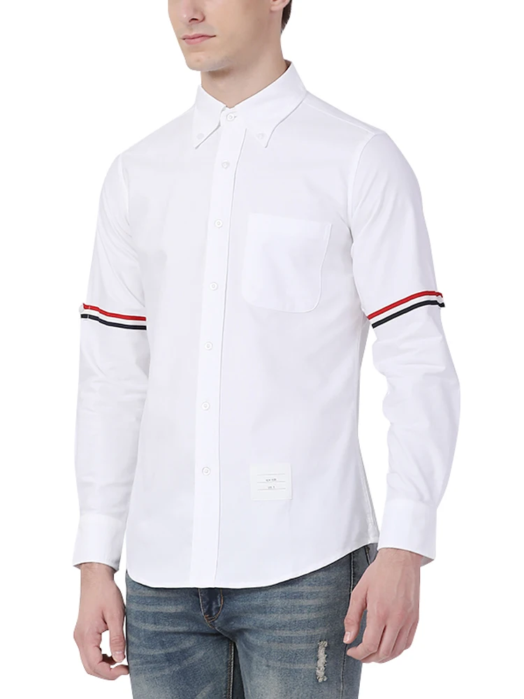 

TB THOM 2021 Fashion Brand Shirts Men Slim Fit White Long Sleeve Stripes Casual Shirt Cotton Oxford Fabric Solid Men's Clothing