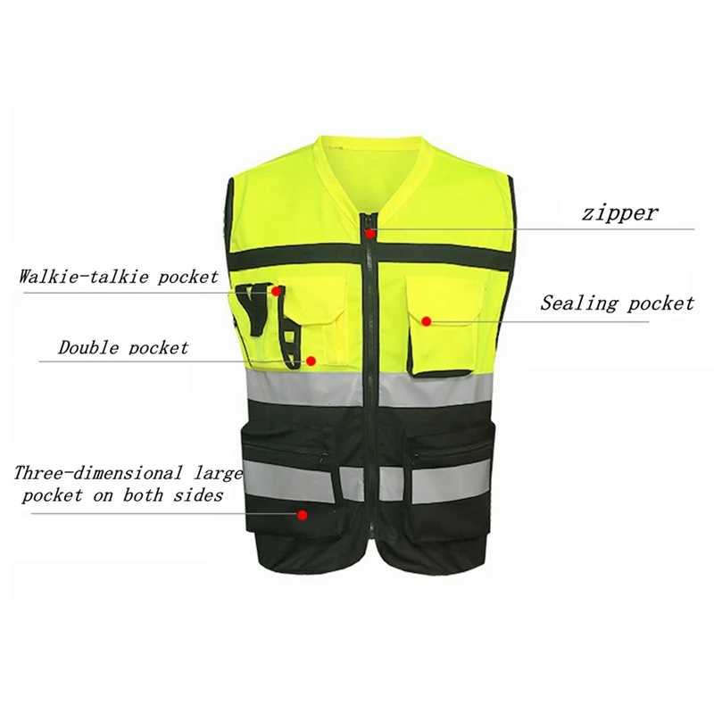 7 карманов класс 2 высокая видимость Молния Спереди защитный желтый жилет с